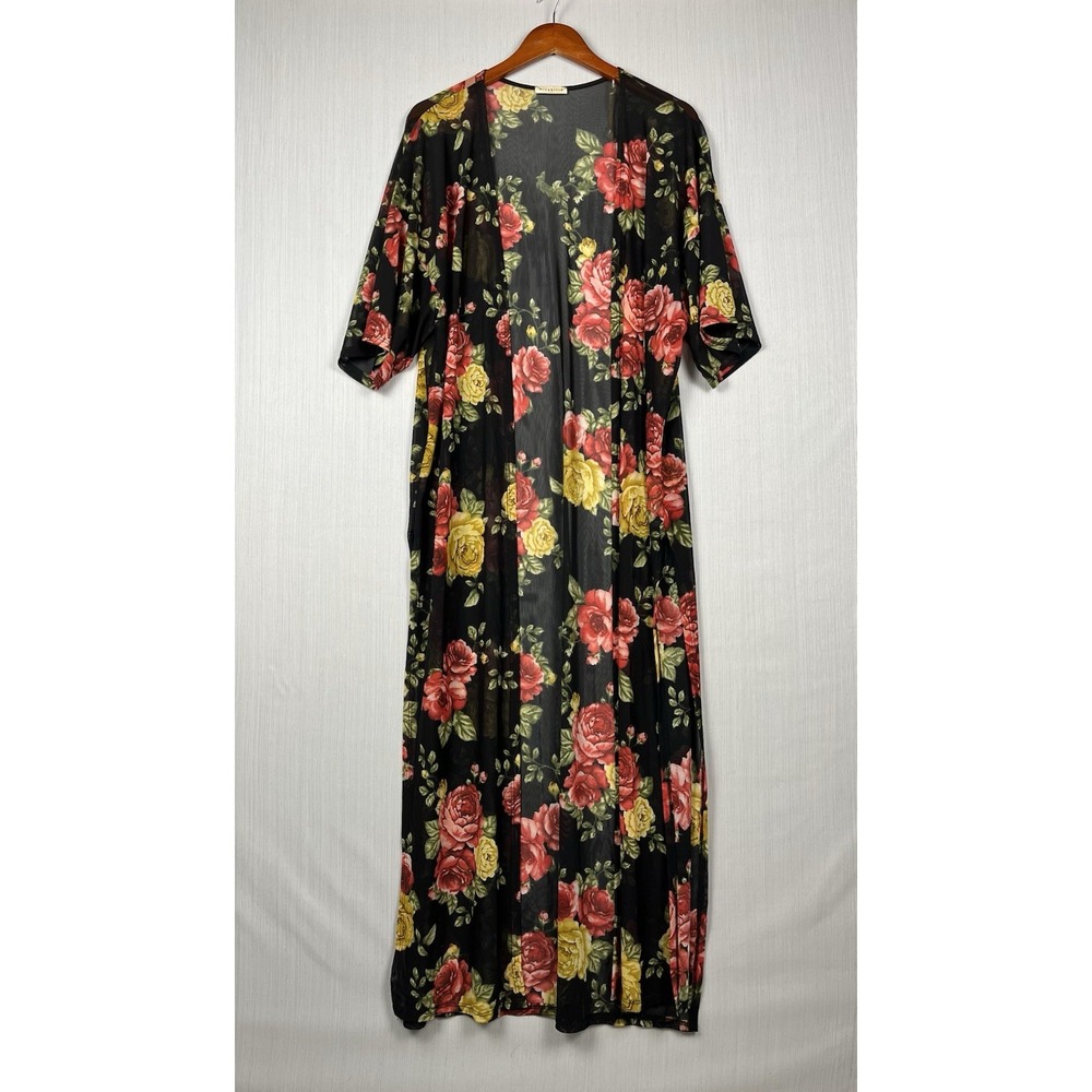 Mirabilia Kimono Women L Black Floral Rose Mesh Duster Cardigan Maxi Sheer Boho‎